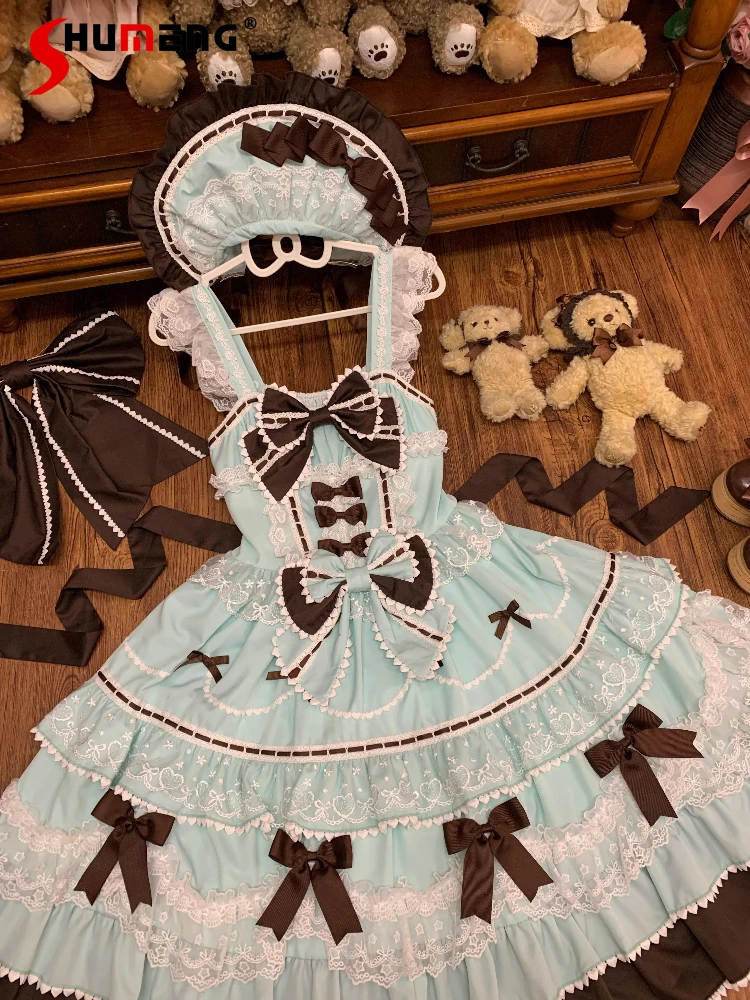 

Japanese Style Elegant Sweet Princess Birthday Party JSK Dress Square Neck Sleeveless Lace Spliced Bow Kawaii Lolita Dress Women