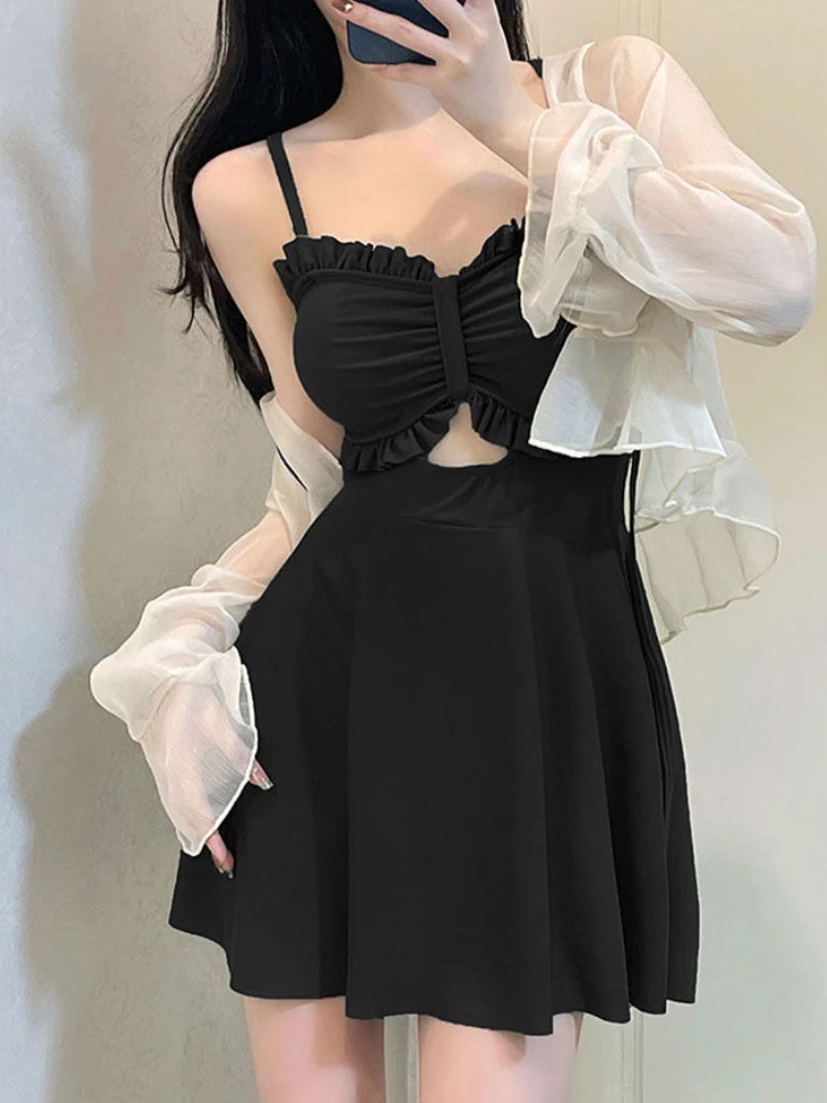 

Bikinis Set Women Summer Cute College Beach Style Chic Swimsuits Hollow Out Sexy Long Sleeve Sun-proof Swimwear Korean Tender