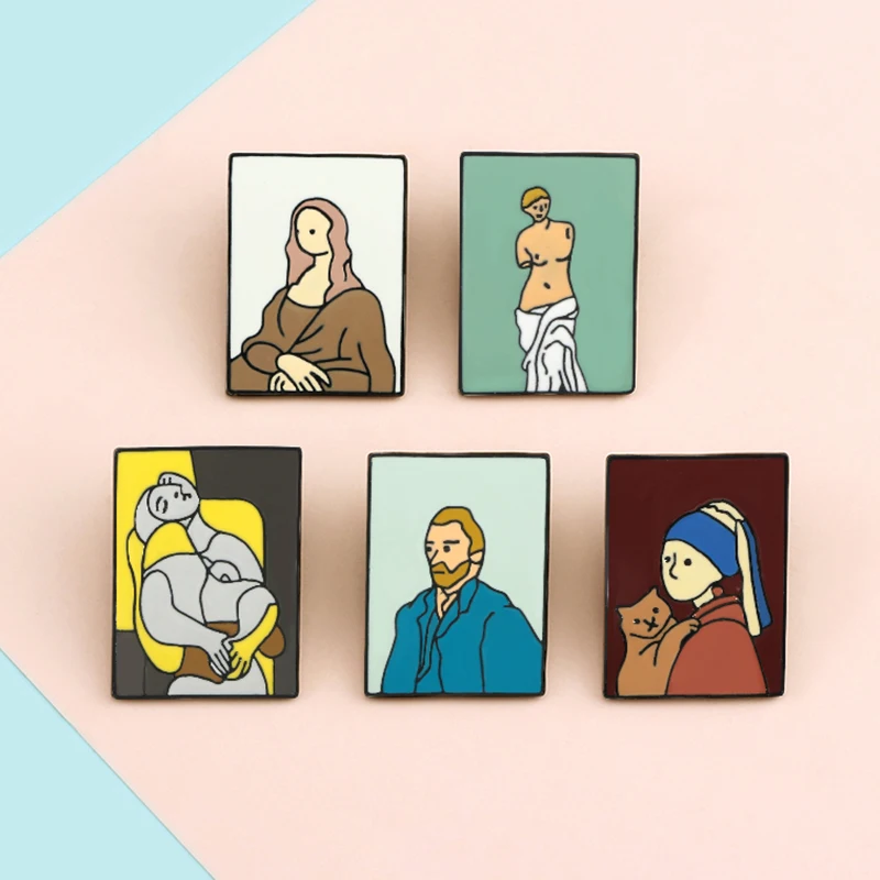 Oil Painting Enamel Pins Custom Van Gogh Venus Mona Lisa Artist Brooches Bag Shirt Lapel Pin Badge Art Jewelry Gift for Friends