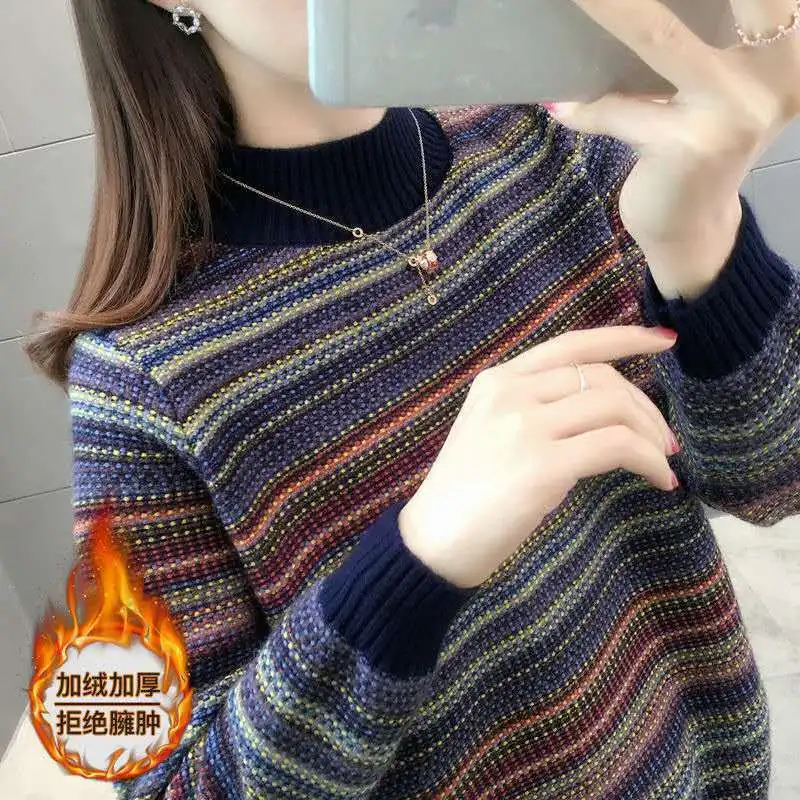 Women Autumn Winter Korean New Half High Neck Pullover Sweater Loose Lazy Striped Warm Knitted Shirt Versatile Long Sleeve Tops