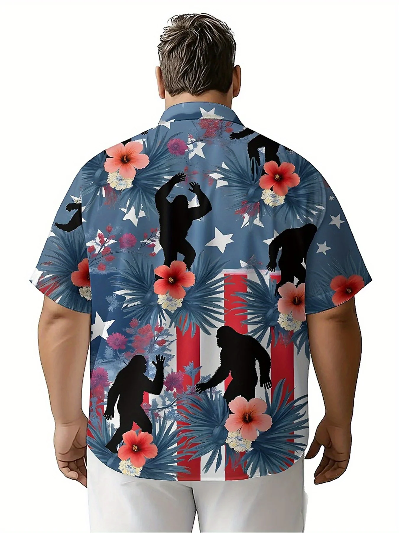 ชายเสื้อฮาวายขนาดบวก Sasquatch บนพื้นหลังของรูปแบบธงชาติอเมริกัน,Baggy Aloha เสื้อ,เสื้อผ้าฤดูร้อน