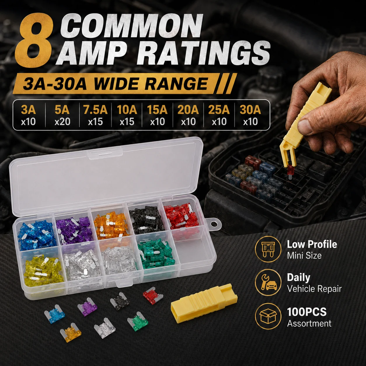 100PCS Low Profile Mini Blade Fuse Kit, Micro Automotive Car Fuses 3A 5A 7.5A 10A 15A 20A 25A 30A, Vehicle Repair Parts image 2