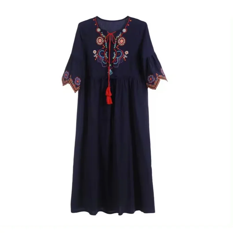 

Literary Retro Dress Long Dress 2024 Spring and Summer New Embroidery Round Neck Loose Ankle-length Dress