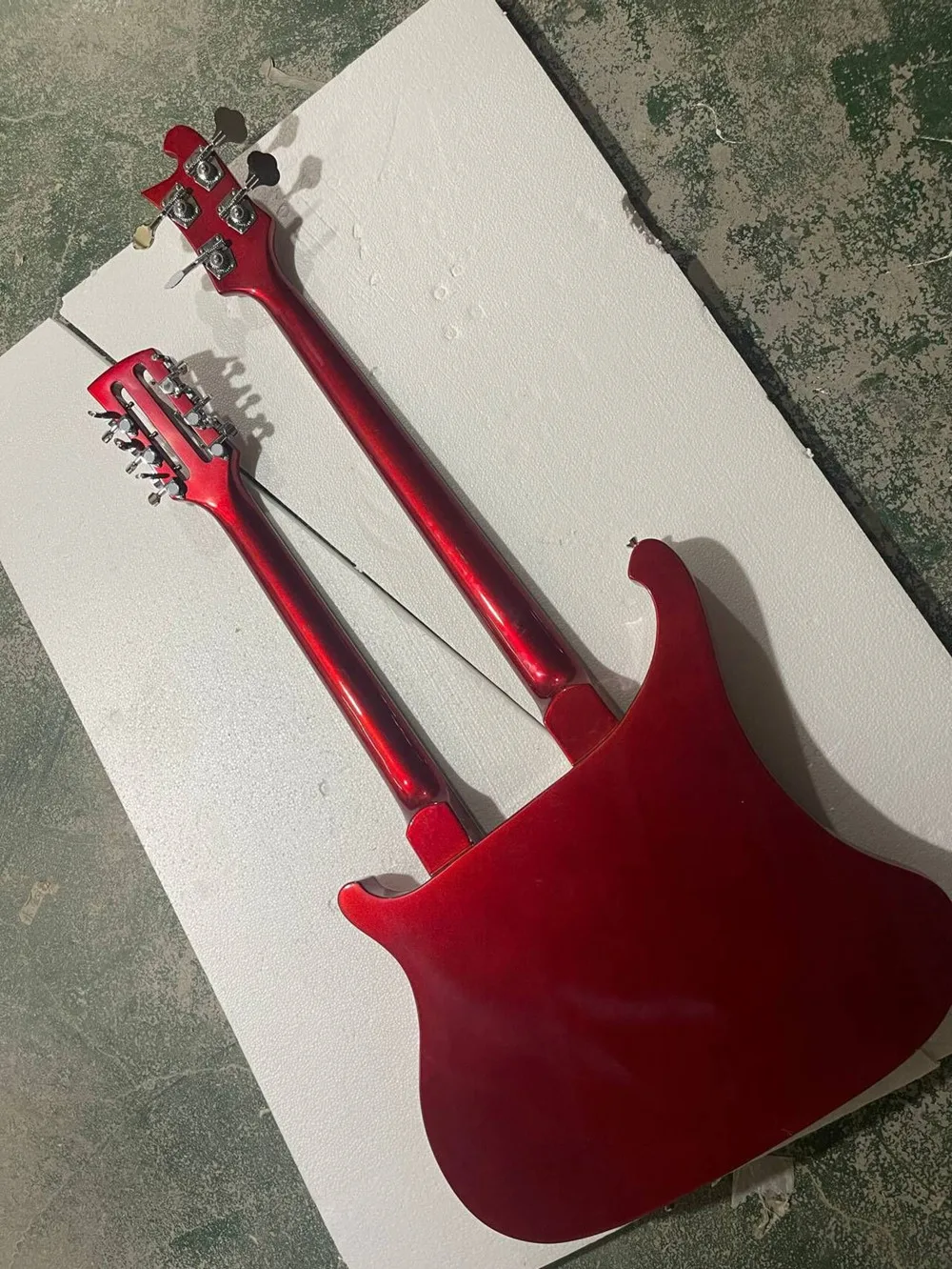 Double neck Red body Electric Bass Guitar with White Pickguard,Chrome Hardware,Provide custom service