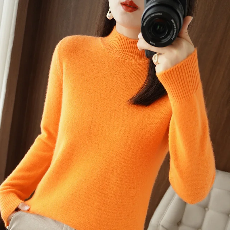 Suéter de Cachemira de Cuello medio alto para mujer, jerseys básicos cálidos para mujer, otoño e invierno, puente sólido