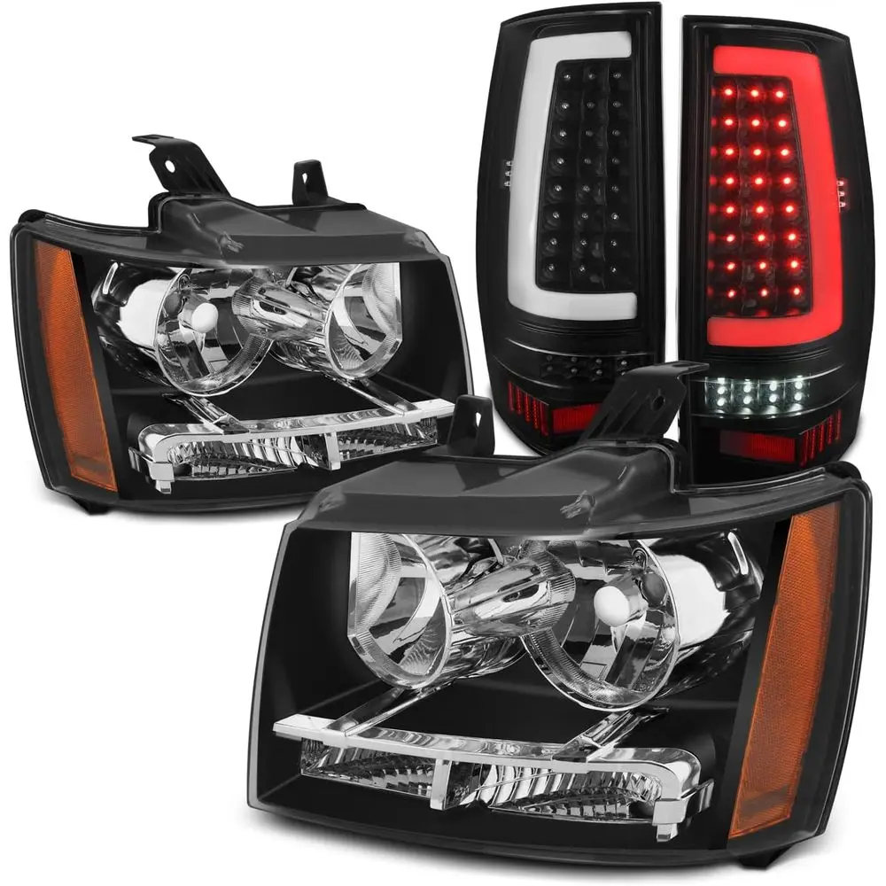 

- Fits 2007-2014 Chevy Tahoe Suburban 1500 2500 Black Headlights + LED C-Tube DRL Blk Tail Lights Pair Combo