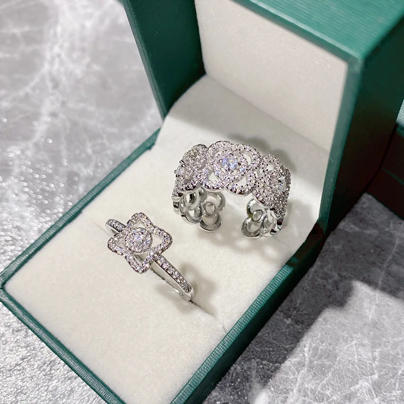 MDLFES مويسان الماس نمط زهرة كامل الماس زركونيا أربع أوراق البرسيم حلقة مفتوحة موضة زوجين ارتفع ضوء خاتم فاخر