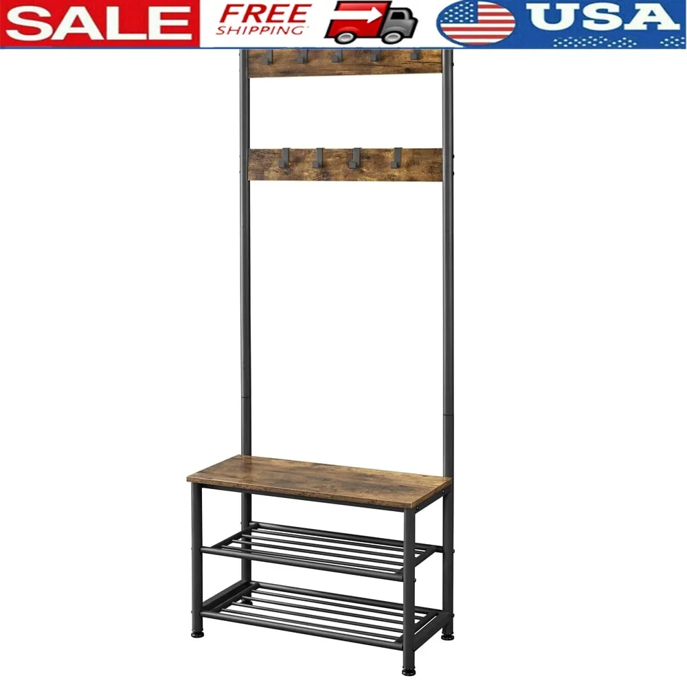

73" Metal Hall Tree with Shoe Storage Bench Entryway Coat Rack 9 Hooks Durable Multifunctional Sturdy Organizer Small Spaces
