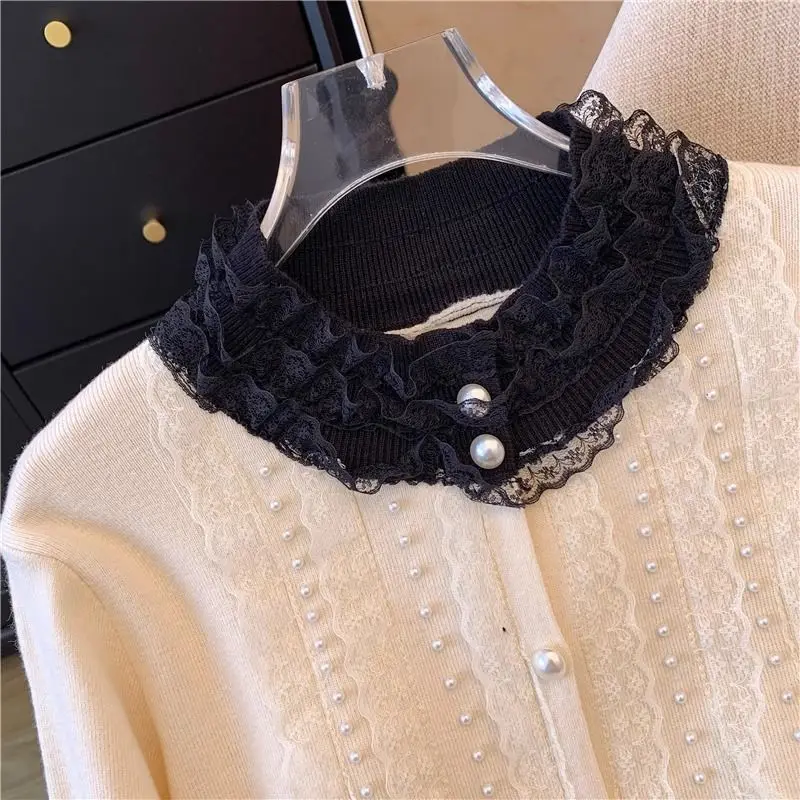 Autumn Winter Nail Bead Cardigan Lace Splicing Single Breasted Knitting Autumn and Winter New Fashion All-match Chic Sweaters