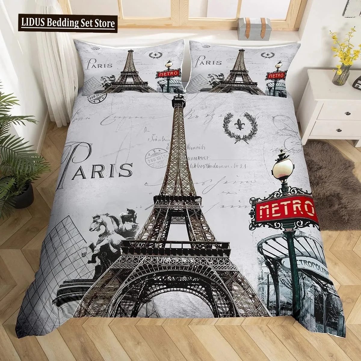 

Vintage Eiffel Tower Duvet Cover Set Modern 3D Paris Theme Bedding Sets World Famous City Landscape Comforter Cover Quilt Cover