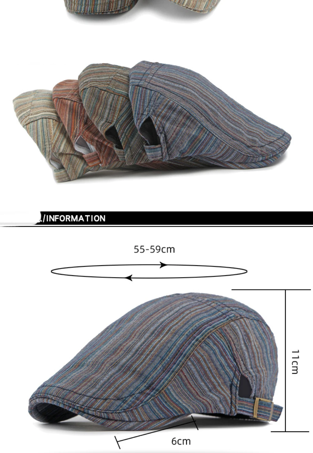 HT4630 Baskenmütze für Damen, Retro-Künstlermütze, Unisex Verstellbare Flache Kappe, Frühling Sommer Gestreifte Baskenmütze für Männer und Frauen – Detail 3