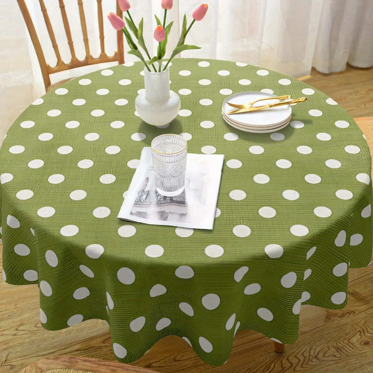 One vintage green and white polka dot round/rectangular tablecloth - ultra-fine fiber