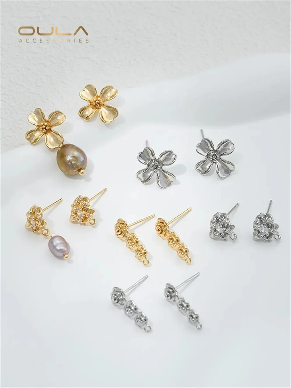 

Color Preservation 14K Gold Covered Rose Flower Earrings 925 Silver Needle with Hanging Diy Hand Earrings Material