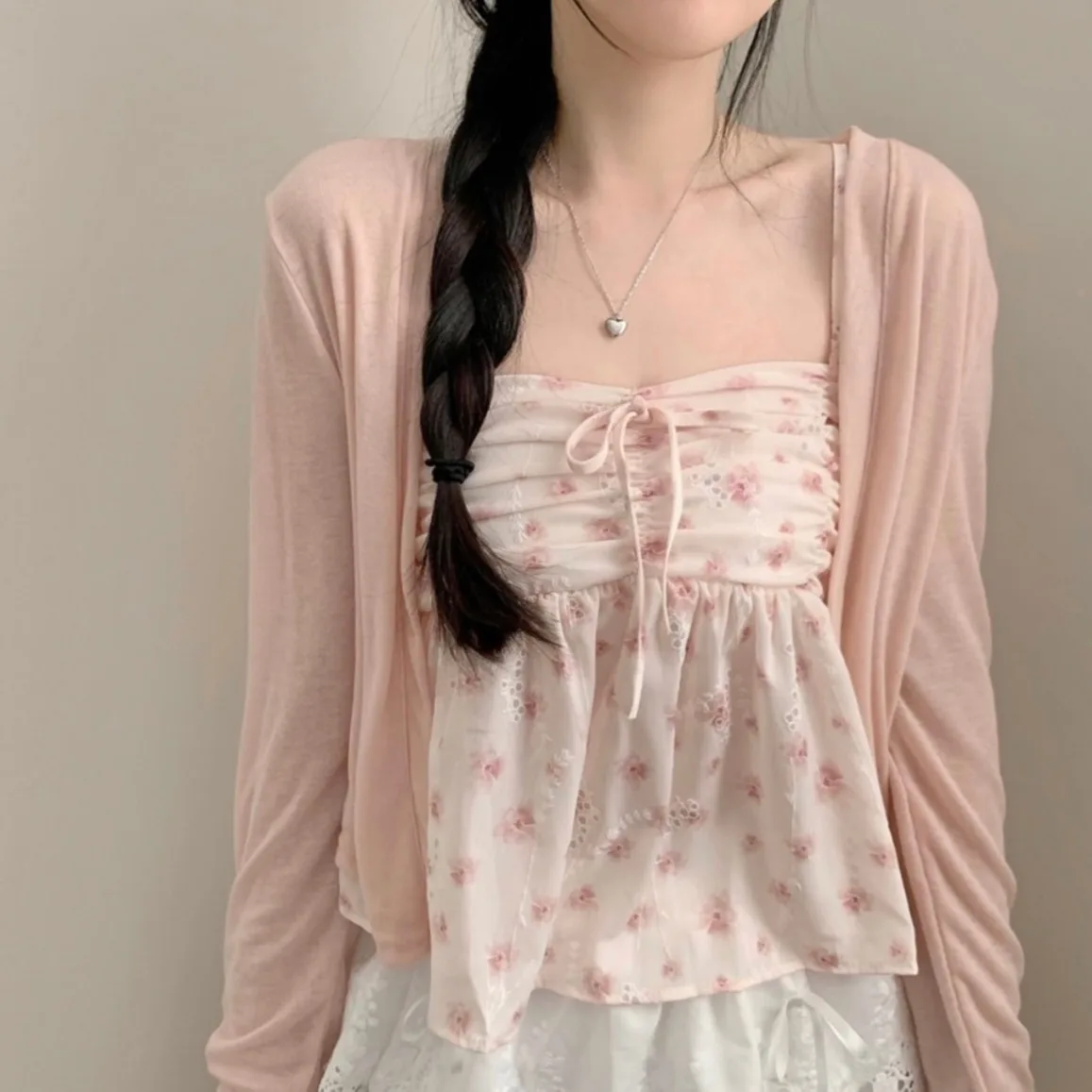 Cárdigan abierto de punto coreano Sle Long Sve con top floral para mujer, conjunto de moda de verano, temperamento dulce, en dos piezas...