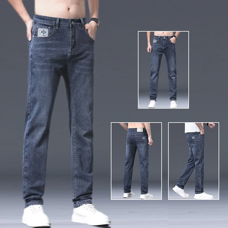 

Male Fashion Formal Loose Straight Denim Pants Men Smart Casual Thin Slim Fit Slight Strech Jeans Comfortable Haze Blue Trousers