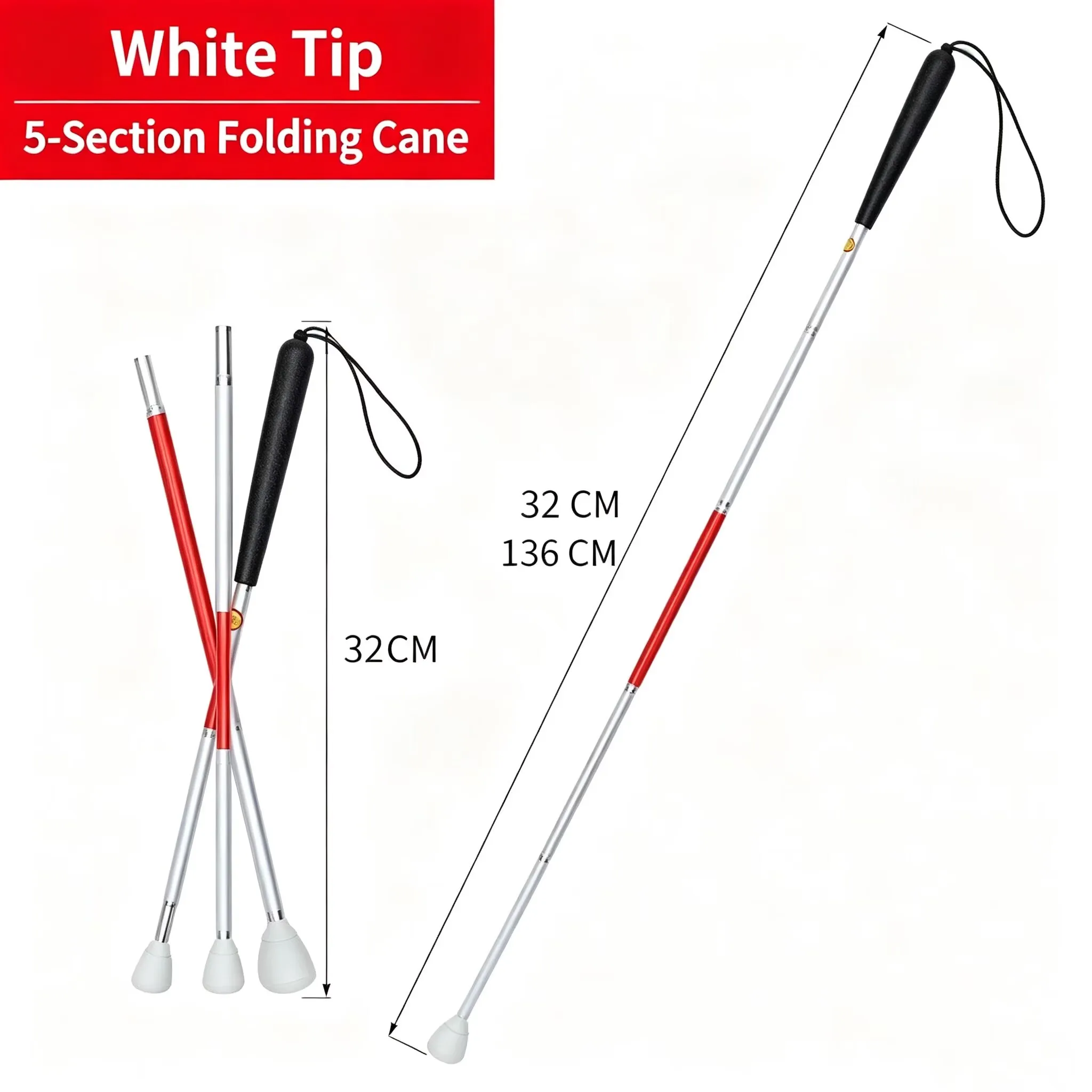Blind Cane Hiking Stick Aluminum Red White Rotating Tip Mobility Aid Lightweight Anti‑slip Outdoor Portable DurableReinforced