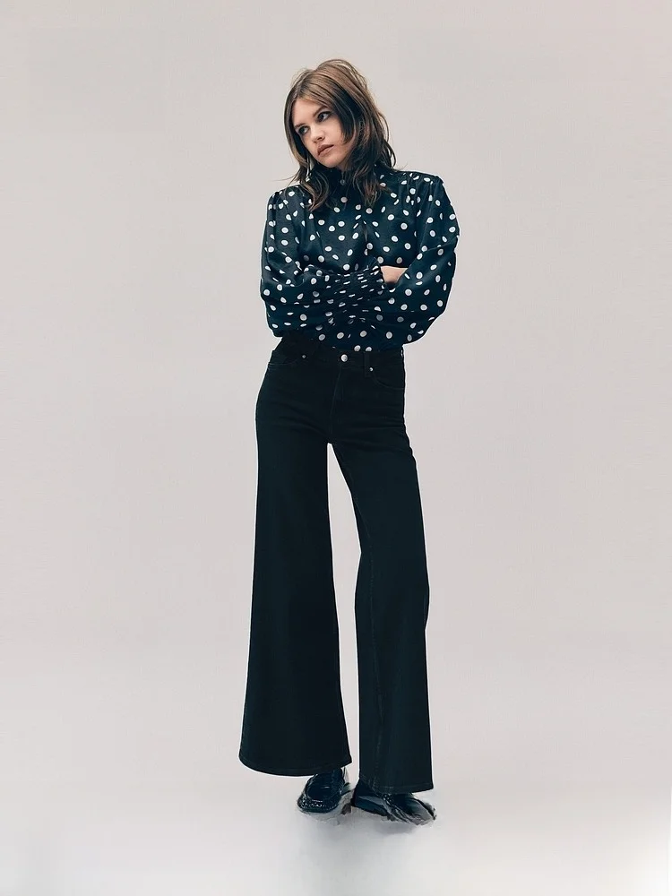 

High Waist Wide Leg Jeans Women's Casual Fit H&M Denim Pants Cotton Lycra Blend Comfortable Spring Collection