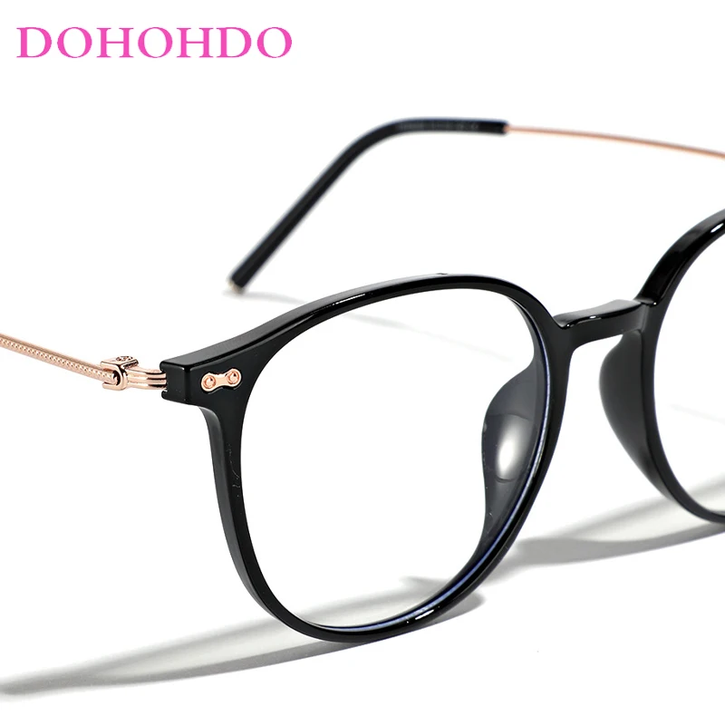 DOHOHDO New Women Anti Blue Light Glasses TR90 Semi Metal Ultra Light Frame Eyewear Round Retro Flat Mirror Men Eyeglasses UV400