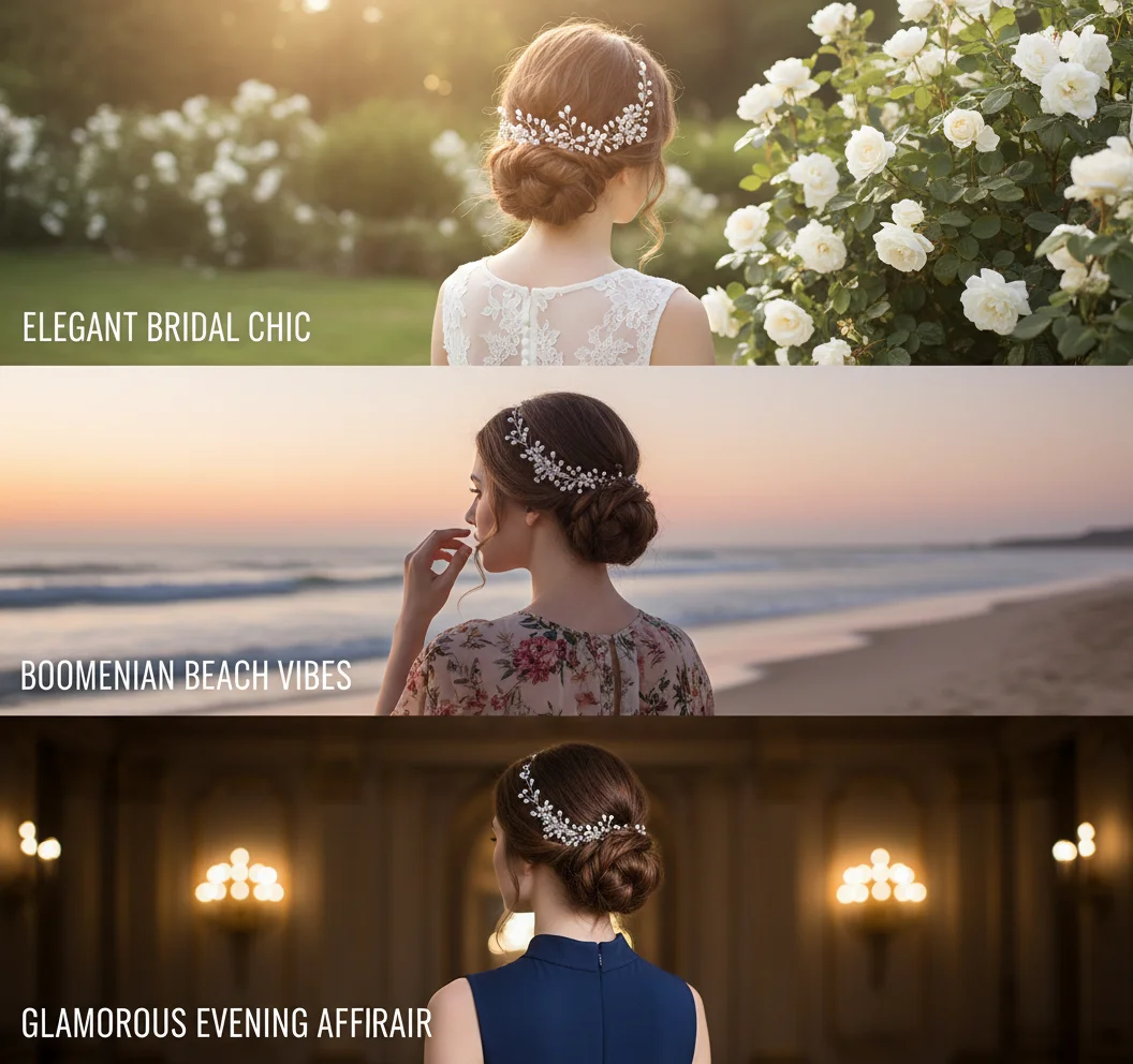 Eleganter Silberner Blumen-Haarkranz mit Perlen und Strass für Hochzeiten, Flexibles Braut-Haarband für Hochzeitsfrisuren, Abschlussball und Partys, Braut-Haaraccessoires für Damen – Detail 7