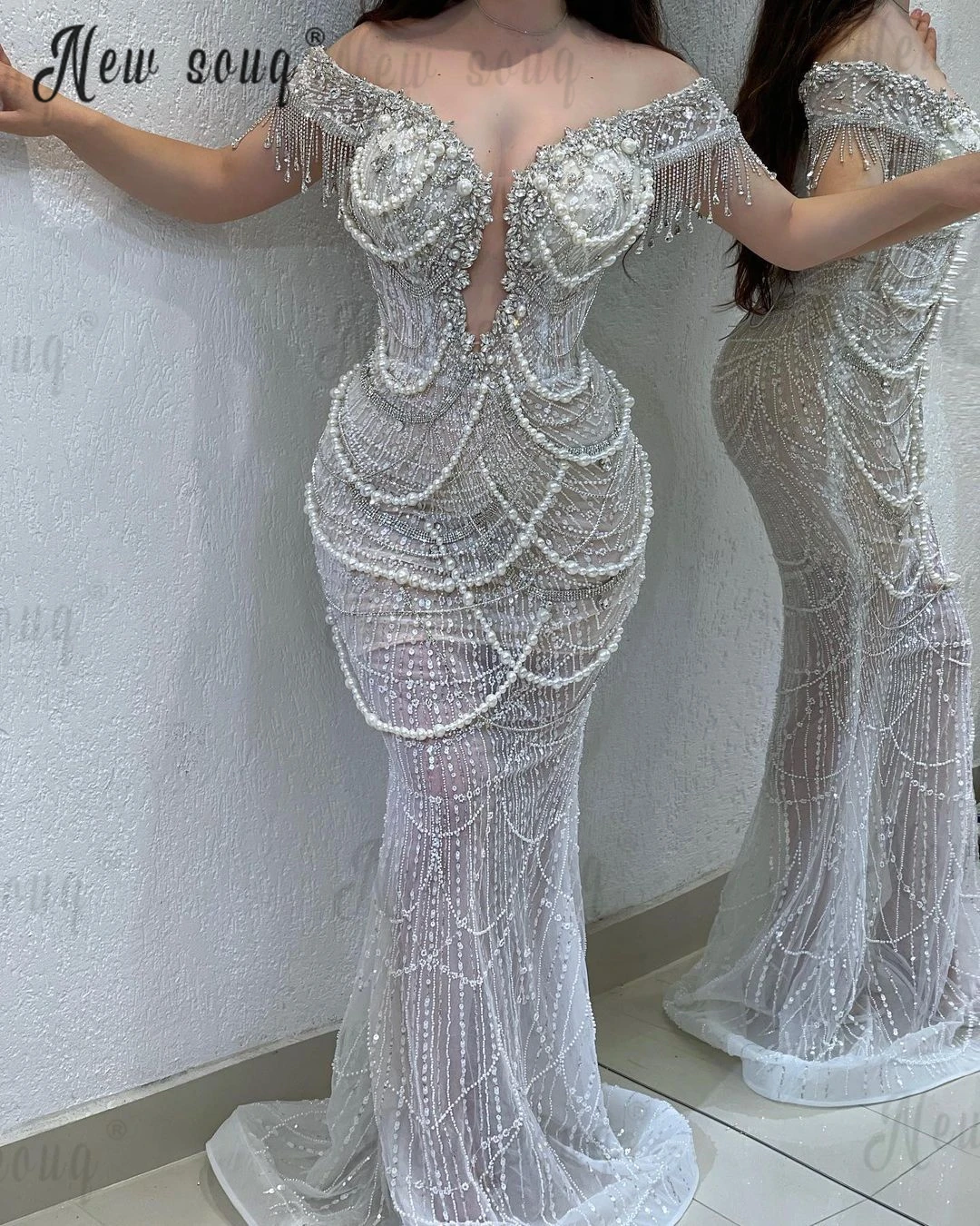 Vestido de casamento de pérolas para mulheres, Boat Neck, Vestidos Sereia, Vestidos De Noiva, Custom Made, Ocasião formal, Nupcial, 2023