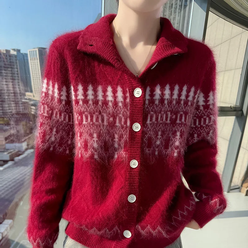 가을 겨울 두꺼운 하이넥 가디건 100% 밍크 캐시미어 여성용 자카드 니트 스웨터 루즈하고 패셔너블한 따뜻한 재킷