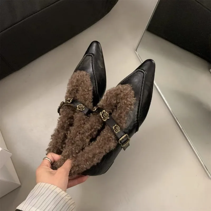 Brand Mary Jane Cotton Shoes Pointed-toe Fur Women's Pump Increased Height Shallow Mouth Rose Buckle New Women's Shoes