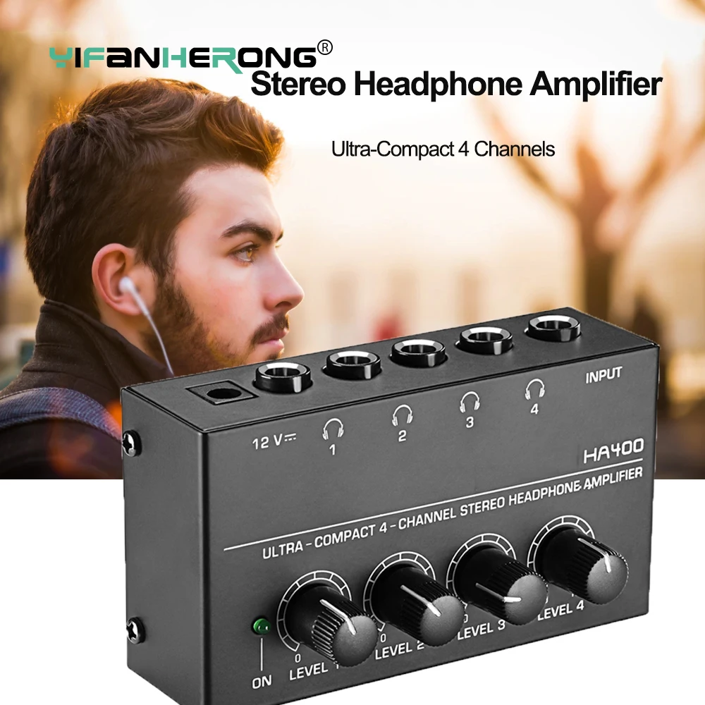 Ultra-Compact 4 Channels Headphone Amplifier HA400 Audio Stereo Amp Amplifier with EU US Adapter for Music Mixer Recording