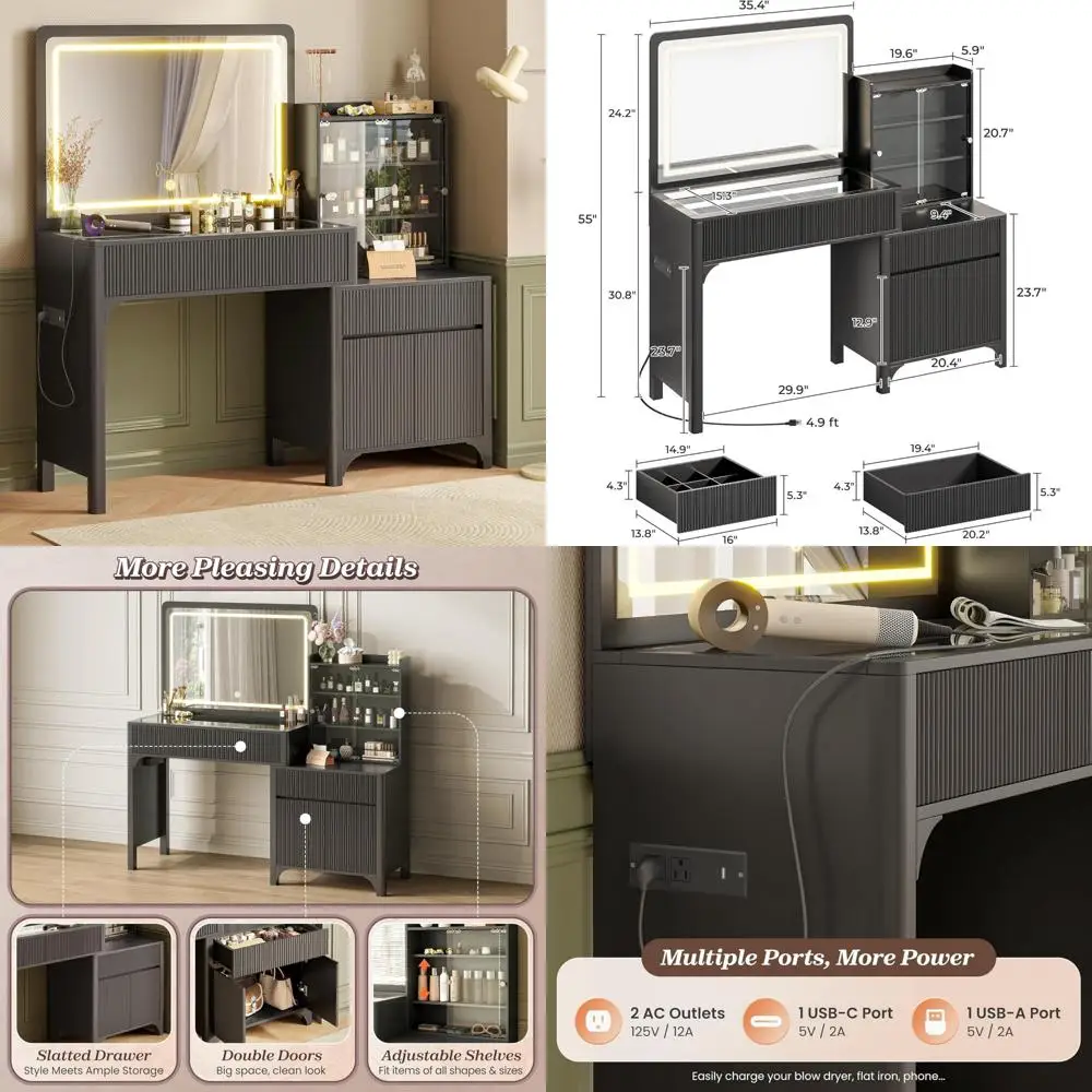 مكتب مكياج كبير مقاس 55 بوصة مع مرآة LED مقاس 35.4 بوصة، ومنافذ طاقة، وسطح مطلي باللون الأسود، وسطح زجاجي، و3 أدراج، Space-Sa