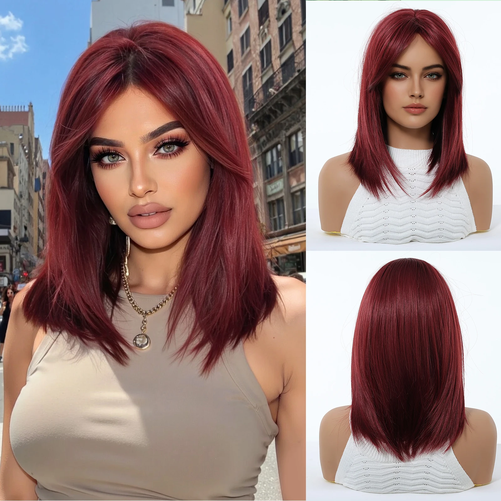 Short Bob Layered Synthetic Wigs Burgundy Wine Red Wig With Medium Part Bangs Cosplay Party Wig for Women Daily Heat Resistant