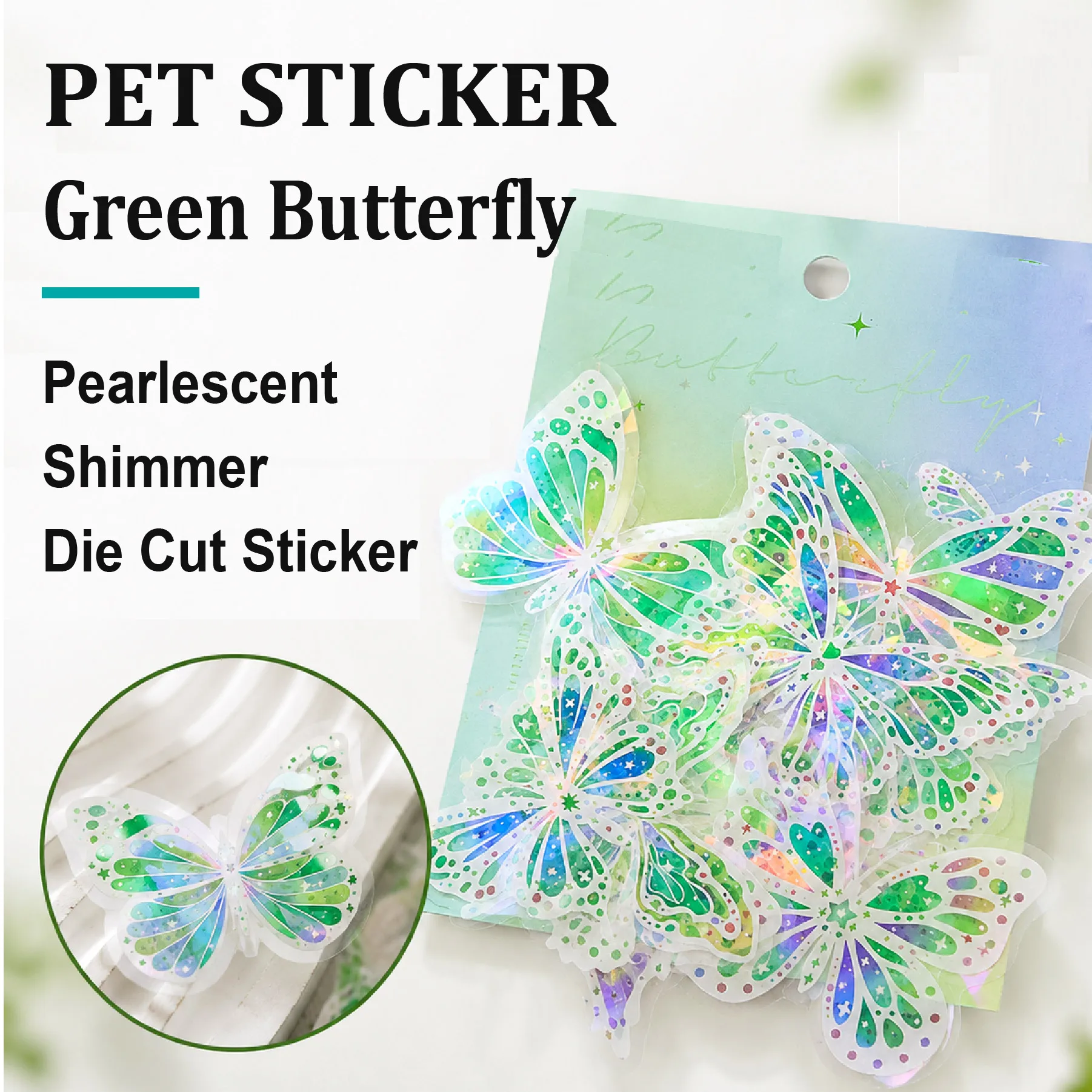 Shell Light Shining PET Sticker Green Butterfly Die Cut Sticker PK20 For DIY Crafts Decor, Card Making, Scrapbooking, Journal