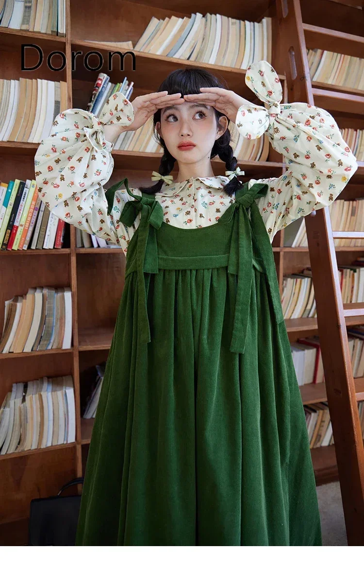 Vintage Green Corduroy Suspender Dress Women Japanese Kawaii Lolita Doll Collar Shirt Dress Set Lace-up High Waist Party Vestido