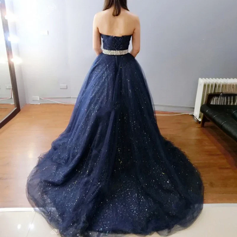 Customized Elegant Temperament Strapless Evening Dress Exquisite High Waist A-line Heavy Diamond Belt Ball Gown Sequin Court Tr