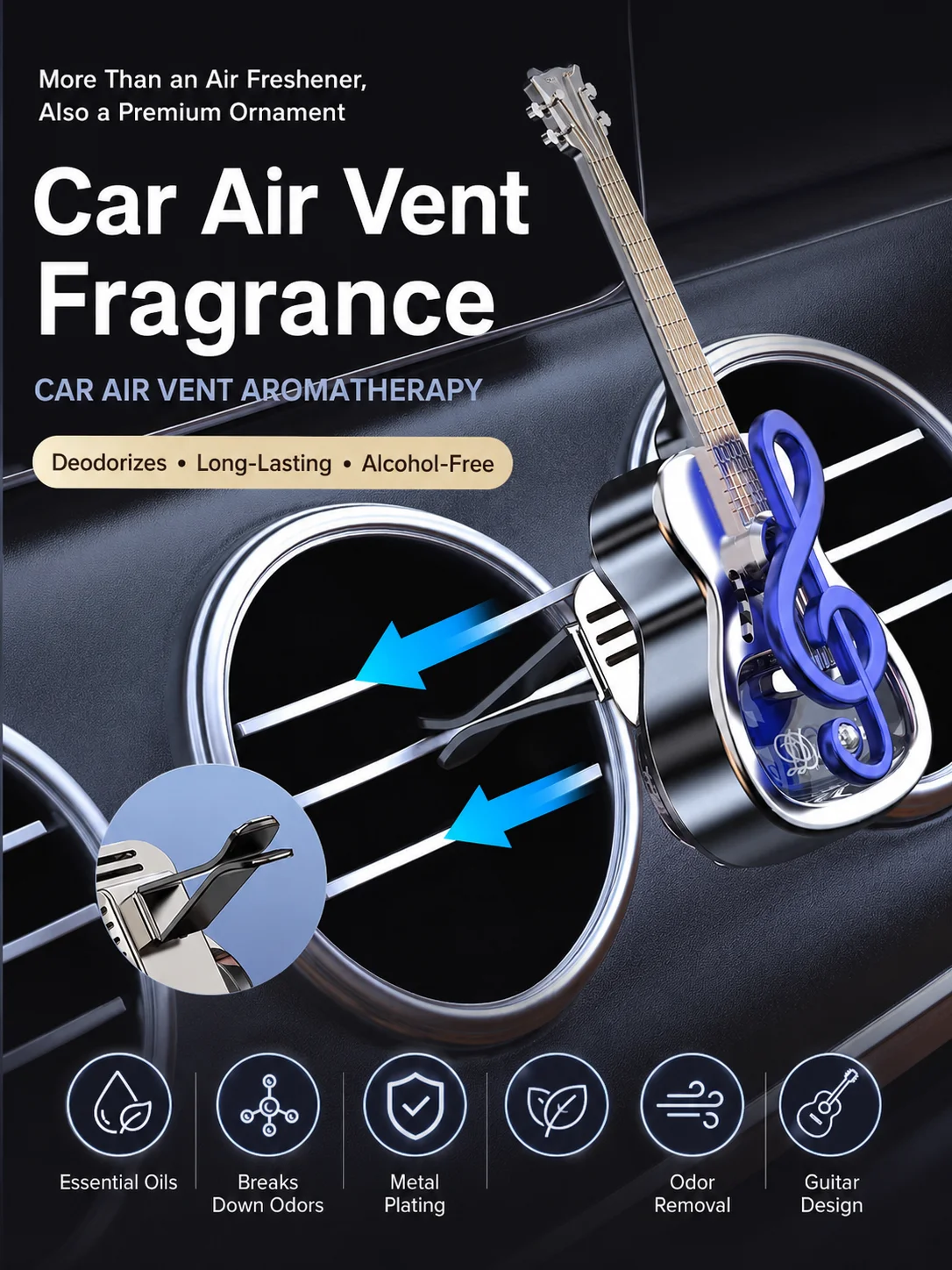 New Creative Guitar-Shaped Car Perfume Ornament, Rotatable Air Vent Fragrance Clip, Dynamic Musical Note Design Car Interior Decoration