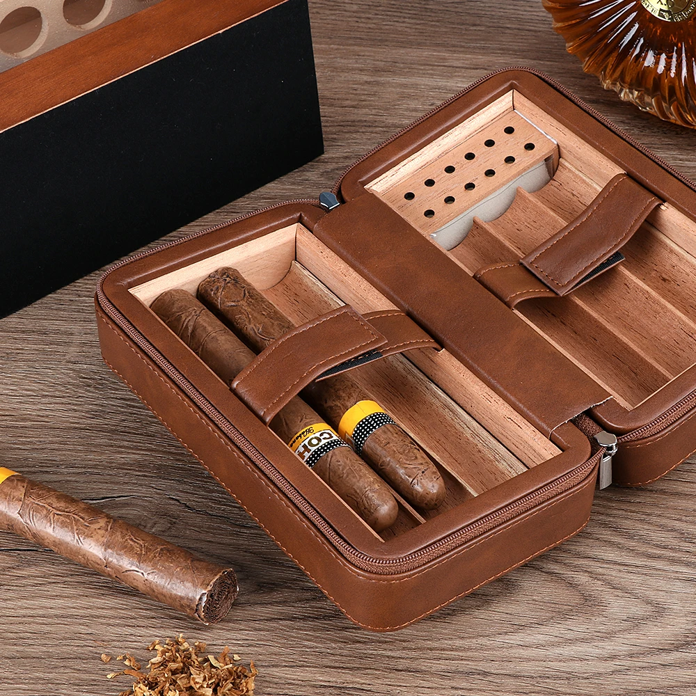 Xifei 6-Slot PU Cigar Case Travel Cedar Wood Cigar Humidor With Humidifier&Dropper Portable Smoking Accessories