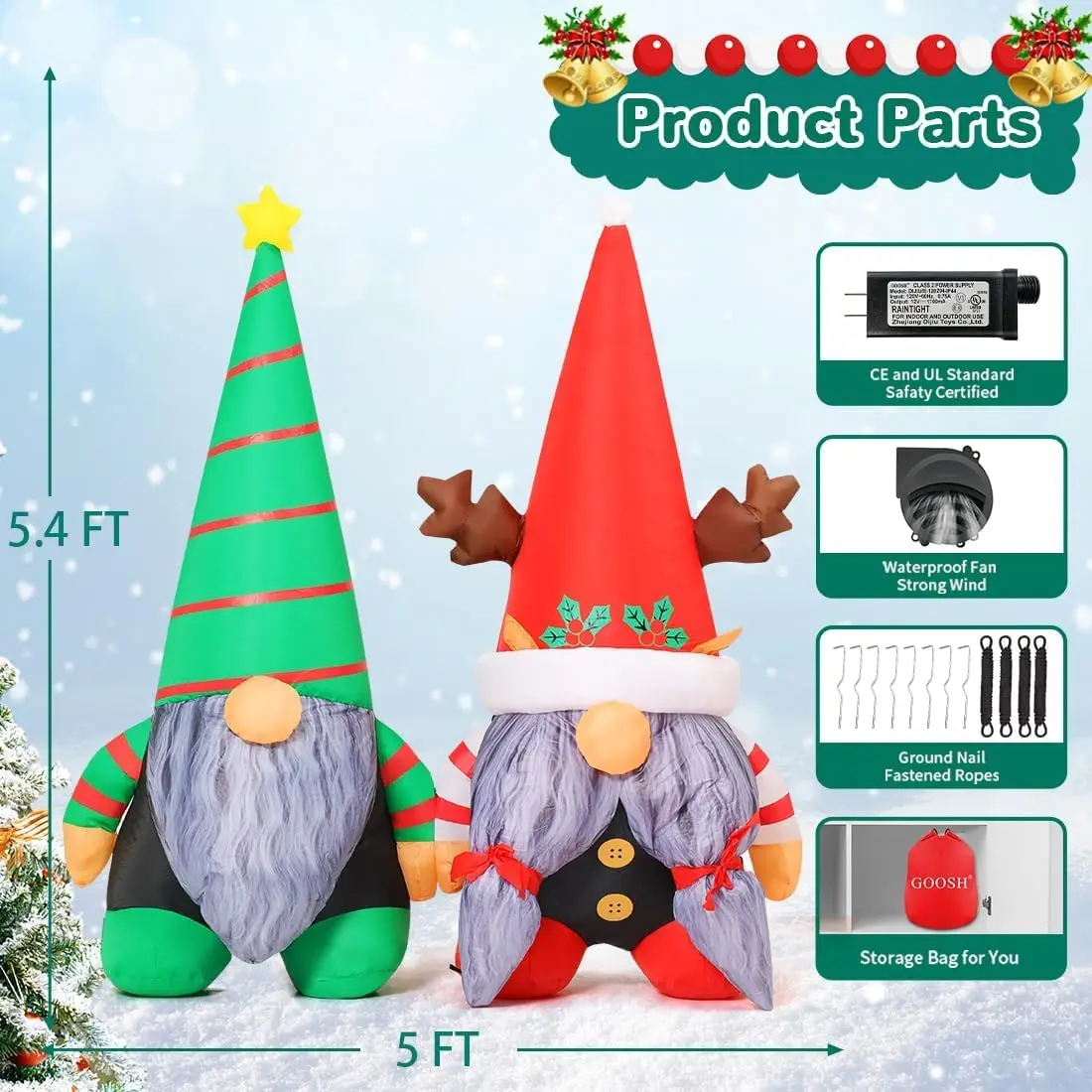 5.4피트 크리스마스 풍선 장식품, 정원 잔디밭 실내 파티 장식용 LED 내장 야외용 블로우업 장식품