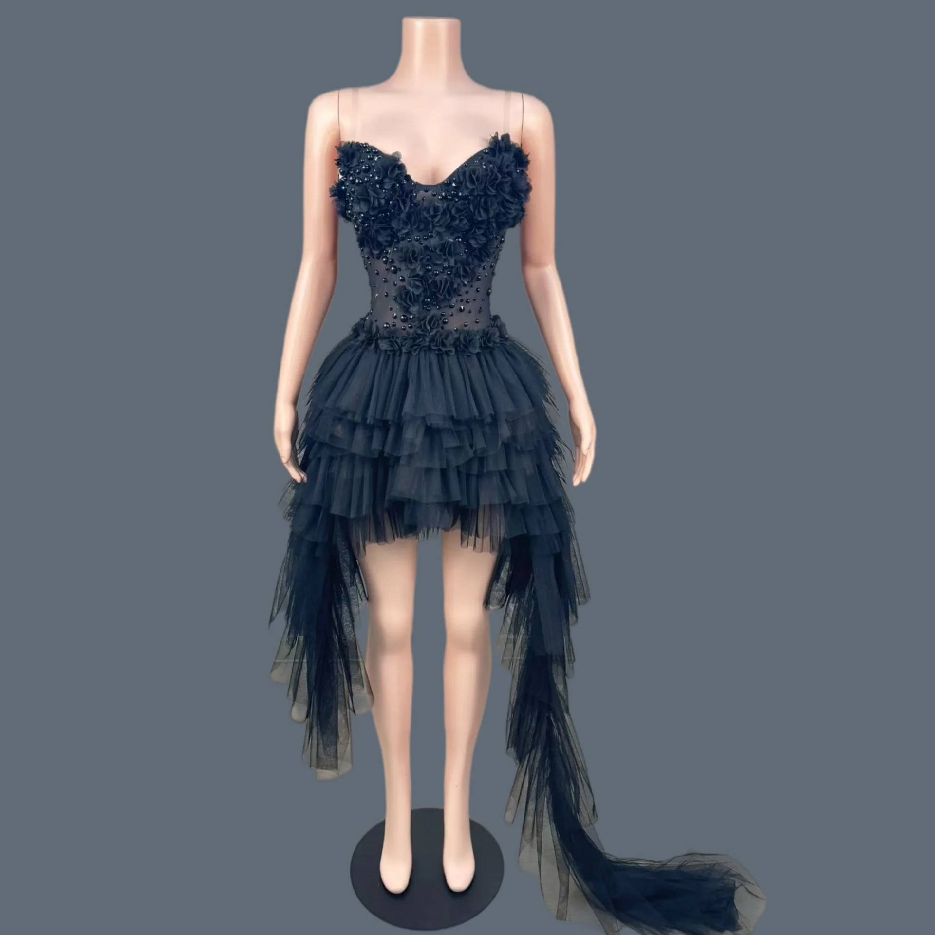 

Sexy Sparkly Rhinestone Flower Long Tail Dress Sexy Mesh Evening Dress Birthday Party Celebrate tutu Dress Stage Wear Chunxiao