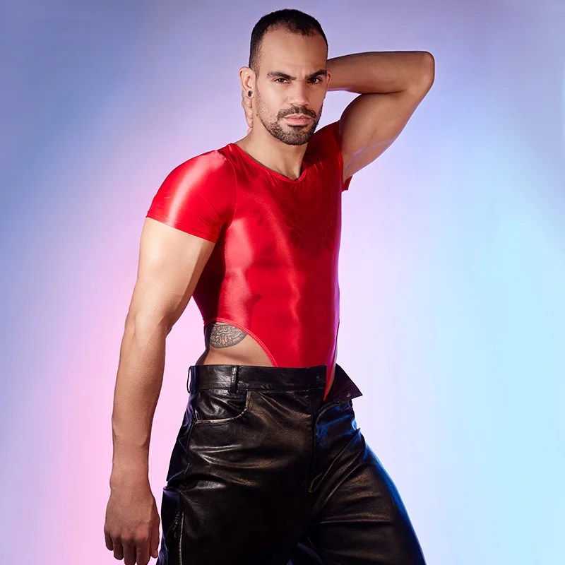 مثير النفط لامعة شير لامعة الرجال عالية قطع ارتداءها Playsuit يوتار Playsuit مثلي الجنس شفافة السروال القصير المثيرة ينغيرييس حللا #6