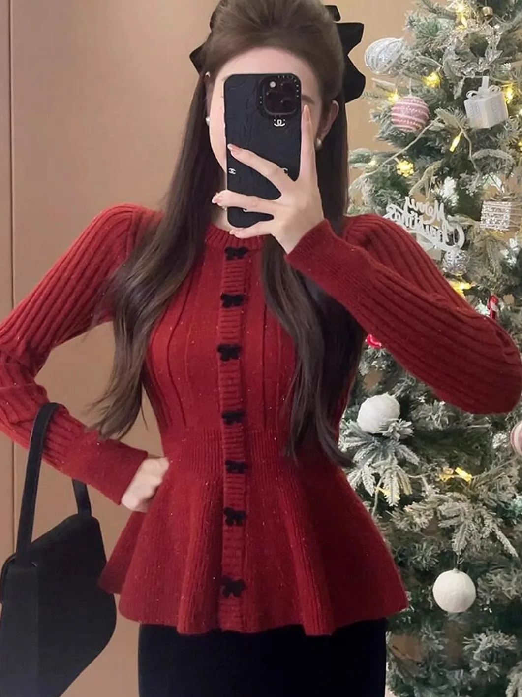 

Красный вязаный свитер с узлом для женщин, осенне-зимний, красивый, облегающий, в корейском стиле, мягкий, с длинными рукавами, круглый вырез, для повседневной носки.