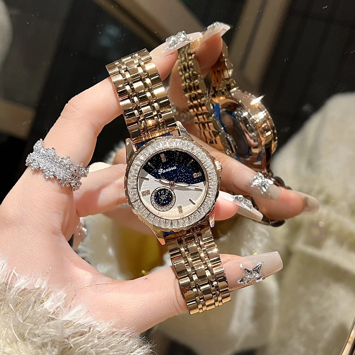 KAIRIS Women's Luxury Quartz Watch Blue Leather Strap Crystal Rhinestone Bezel Elegant Fashion Wristwatch for Ladies Jewelry Wat