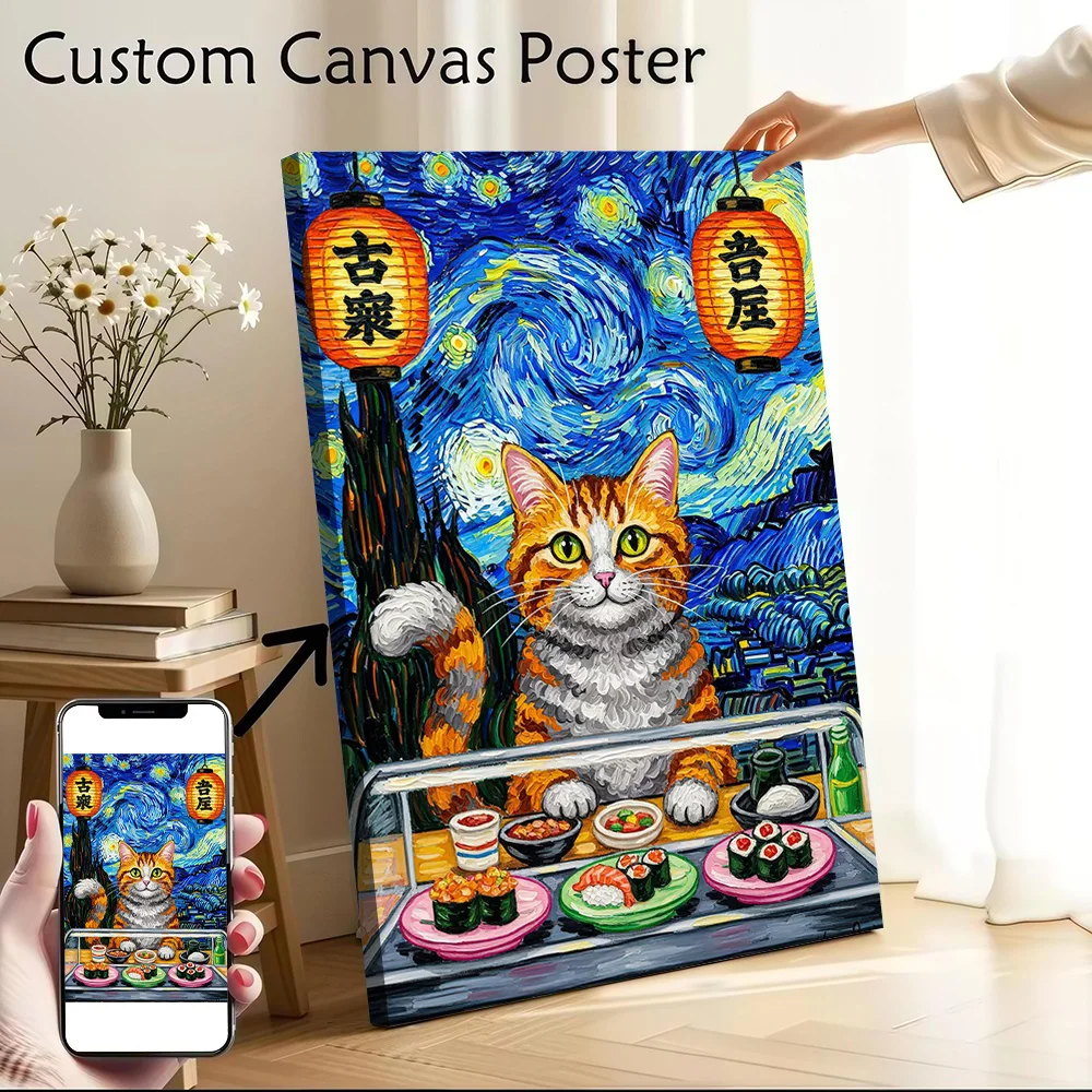 Van Gogh-Stil Katzen-Sushi-Restaurant-Poster Leinwand-Wandkunst Personalisierter Druck Moderne Malerei Perfektes Geschenk zur Dekoration des Wohnzimmers
