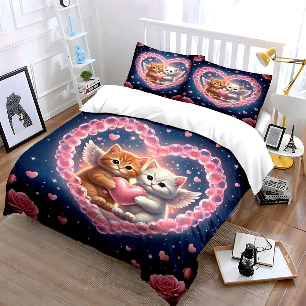 Cute angel cats in heart-shaped scene Print Bedding Set 1Duvet Cover 2Pillowcases for Adult and Children Luxury Gift Full Size