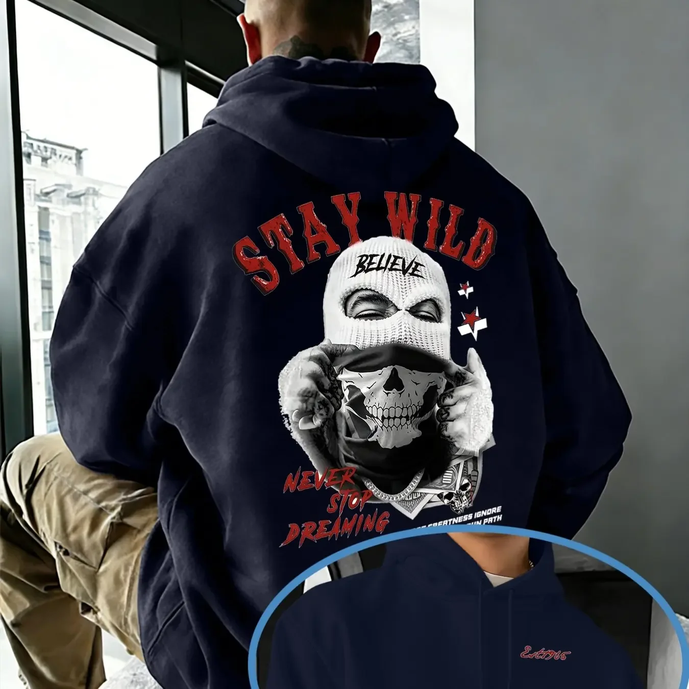 Red And Black Skull Bandit Face-Covering Old-Print Hooded Sweatshirt Men'S Hardcore Street Casual Top Double-Layer Hood Skull