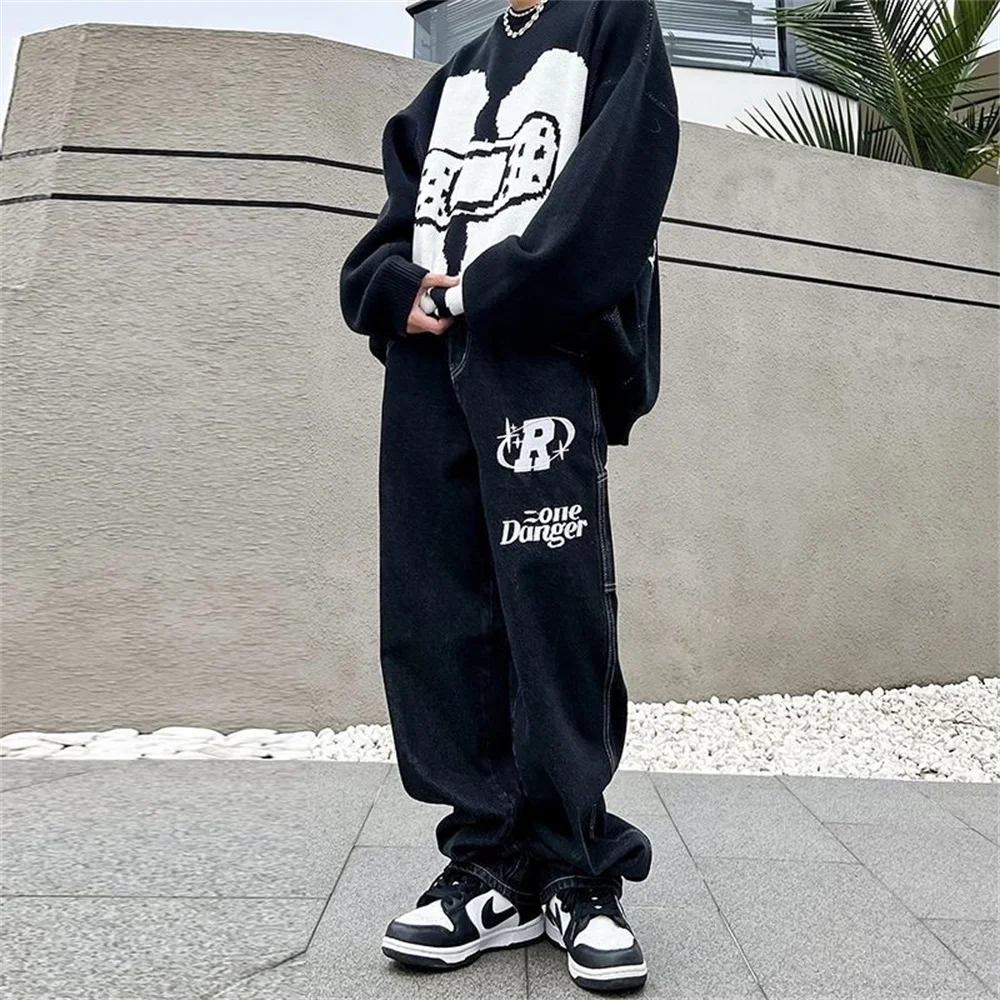 Primavera outono moda rua carta bordado calças de brim retro estilo hip hop perna reta calça solta casual calças largas