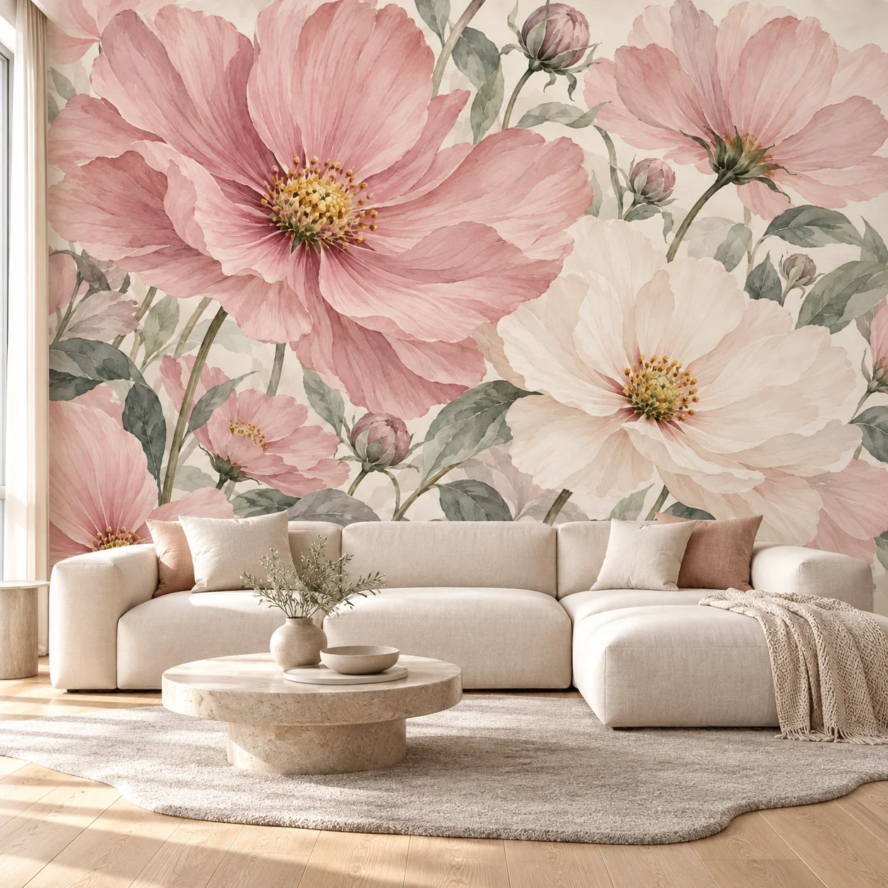 Floral Wallpaper Non Self Adhesive Pink Watercolor Flower Wall Mural for Girls Bedroom Nursery Living Room Large Botanical Decor