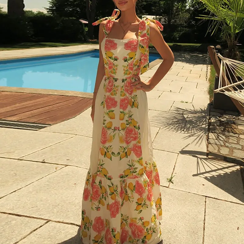 Resort impressão arco rendas suspensórios vestido feminino sexy fora do ombro sem mangas bohe vestido moda altura cintura balanço vestidos de festa