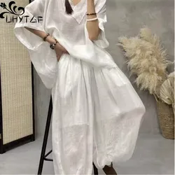 Loose Ramie Set For Women Large Size With Bat Sleeves V-Neck Thin Cotton Linen T-Shirt Casual Lantern Pants Two-Piece Set Summer