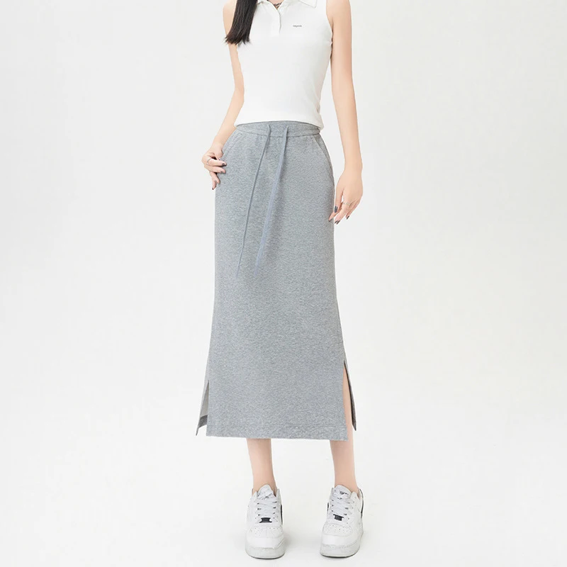 여성용 드로스트링 스플릿 시크 다용도 롱 스커트, 신축성 있는 하이웨이스트 심플 오피스룩 펜슬 스커트 2025 신상품