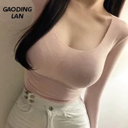 Low U Neck Sexy Women T-shirts Long Sleeve Slim Tight Crop Tops High Elasticity Slightly Transparent Female Solid Bottom Tees