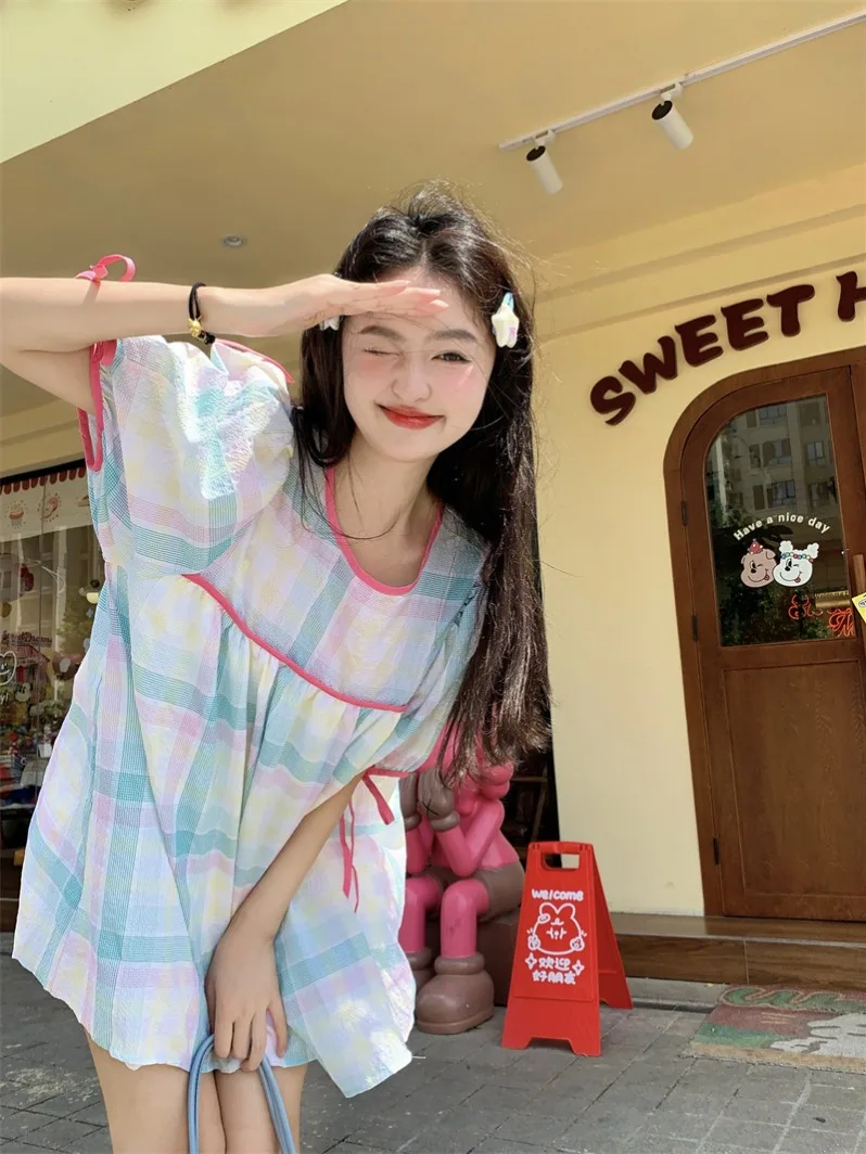 Korean Summer Maternity Sweet Colorful Plaid Dress Ribbon Puff Sleeve O-Neck Pregnant Woman Mini Dress Short Lady A-Line Dresses