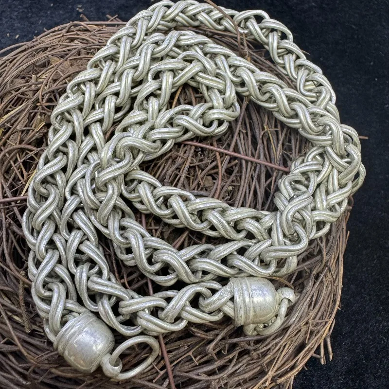 Handmade Miao Silver Necklace by Traditional Craftsman, Vintage Folk Neck Jewelry for Men and Women